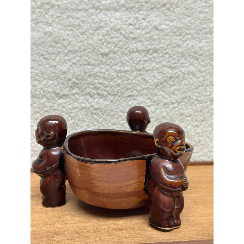 Orchids of Hawaii Tiki Bowl‎ Brown Ceramic Three Figure R-14 Japan Vintage MCM
